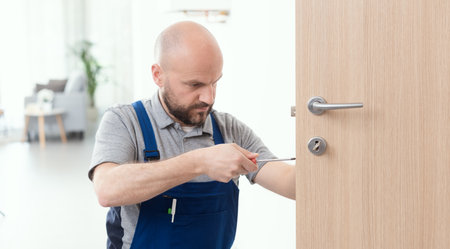 A professional repairman replaces a damaged lock, on an interior door.の写真素材
