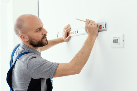 Professional handyman making measurement using a bubble level, home improvement concept