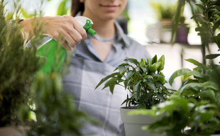 Professional young florist taking care of plants in the garden center, gardening and plants conceptの写真素材
