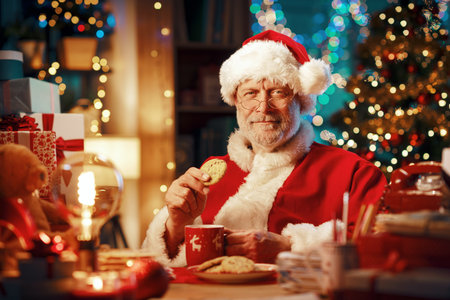 Happy smiling Santa Claus sitting at his desk at home and having a coffee break, he is eating cookies and looking at cameraの写真素材