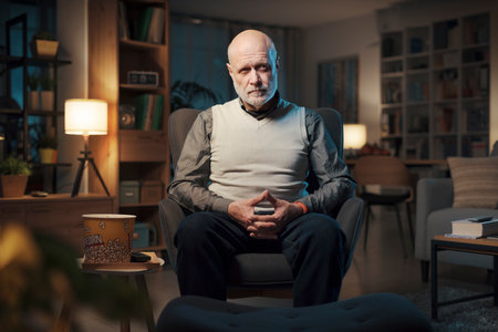 Pensive senior man sitting on the living room alone and relaxingの写真素材
