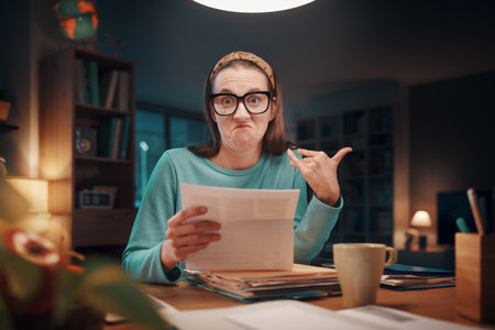 Shocked upset woman sitting at her desk and checking expensive bills and invoices: payments, taxes...