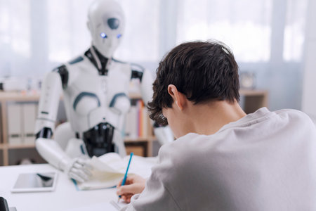 A Boy studies with the help of a Robot. The result is fruitful. Robot and Human Collaboration Concept.の写真素材