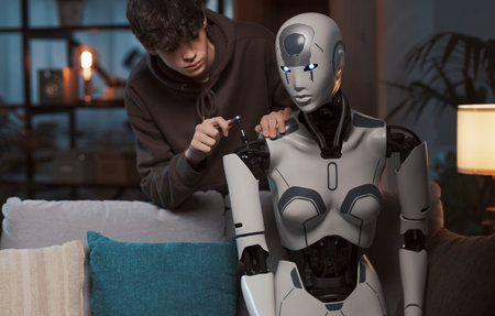 Smart teenager fixing an AI robot in the living room at home, technology and expertise conceptの写真素材