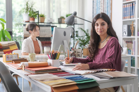Professional interior designers working in the office, a woman is writing notes on her notebook and smiling at cameraの写真素材