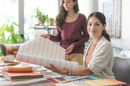 Interior designers and decorators working together in the office and checking different types of wallpaper, one woman is smiling at cameraの写真素材