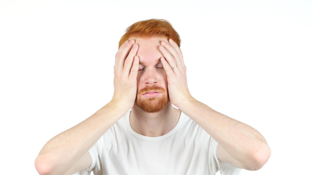 Young man frustrated and angry , online loss , portrait white backgroundの写真素材