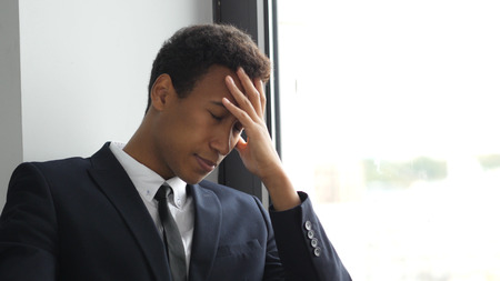 Upset, Tense Businessman in Problem, Thinking for Solutionの写真素材