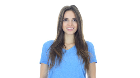 Portrait Of Smiling Young Woman , White Backgroundの写真素材