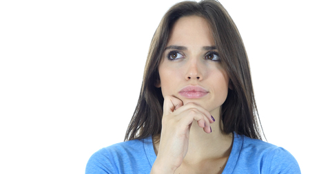 Thinking Beautiful Woman, White Backgroundの写真素材
