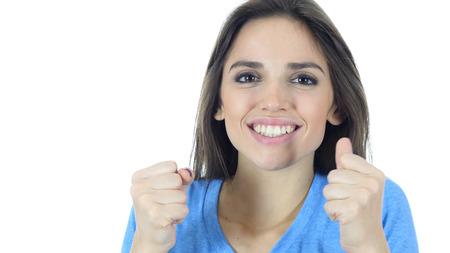 Amazed by Surprise, Excited Woman on White Backgroundの写真素材