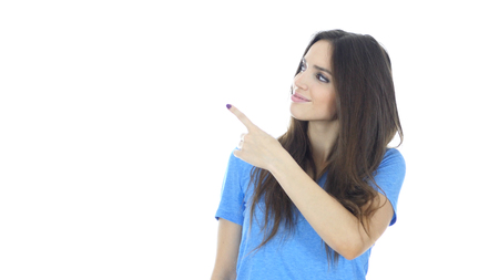 Woman Pointing Showing Aside , White Backgroundの写真素材