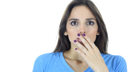 Shock, Upset Woman on White Backgroundの写真素材