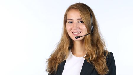 Portrait Of Smiling Call Center Girl , White backgroundの写真素材