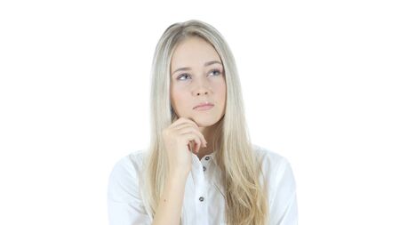 Thinking, Portrait of Pensive Woman, White Backgroundの写真素材