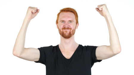 Red Hair Man gesturing, happiness and success, Celebrating, White Bacgroundの写真素材