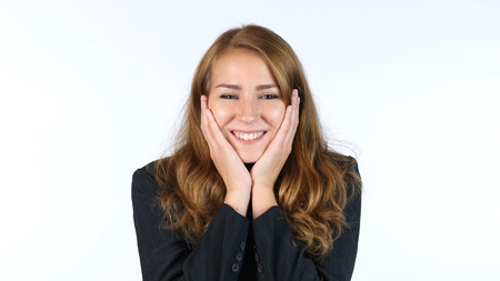 Businesswoman Reacting To Positive News , Success , White backgroundの写真素材