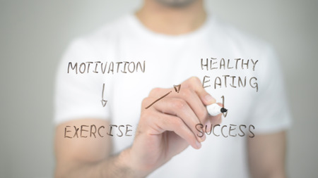 Fitness Lifestyle Illustration, man writing on transparent screenの写真素材