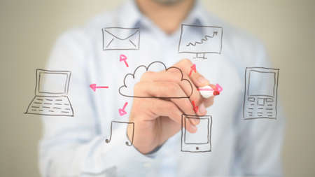 Online Cloud, Concept,  Man writing on transparent screenの写真素材