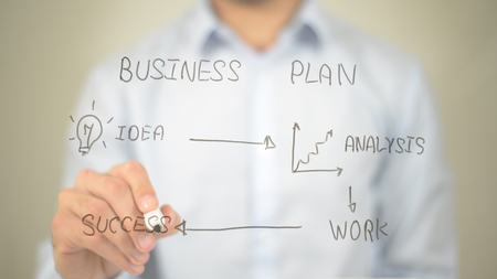 Business Plan Concept,  Man writing on transparent screenの写真素材