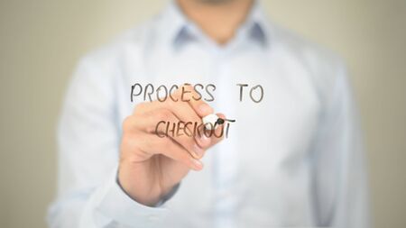 Process to Check Out , Man writing on transparent screenの写真素材