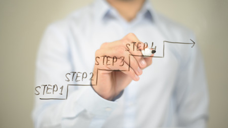 Move to Success, Man Writing on Transparent Screenの写真素材