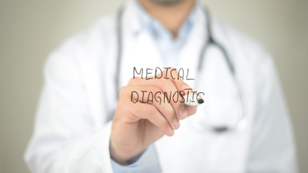 Medical Diagnostic, Doctor writing on transparent screenの写真素材
