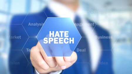 Hate Speech, Man Working on Holographic Interface, Visual Screenの写真素材