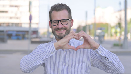 Loving Young Adult Man showing Heart Shape by Hands Outdoorの写真素材