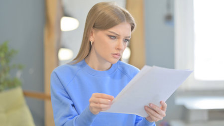 Young Woman Reading Documents in Office, Doing Paperwork