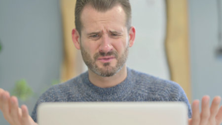 Close Up of Mature Adult Man Reacting to Loss on Laptopの写真素材