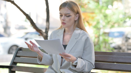 Young Businesswoman with Loss Reading Contract Outdoorの写真素材