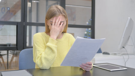 Young Blonde Woman Feeling Upset while Reading Contractの写真素材