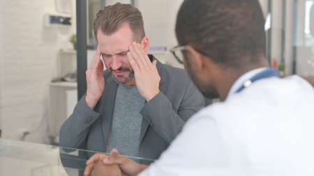 Close up of Patient with Headache Talking with Doctor
