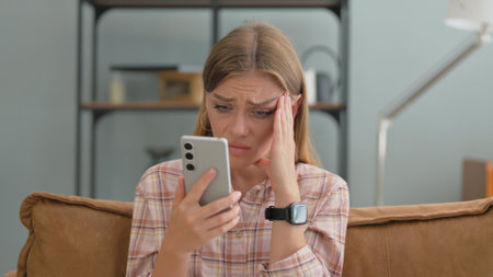 Young Woman Upset by Loss on Phone while Sitting in Sofa