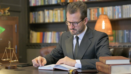 Pensive Middle Aged Lawyer Reading Book in Officeの写真素材