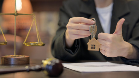 Close up of Female Showing Home Keys with Thumbs upの写真素材