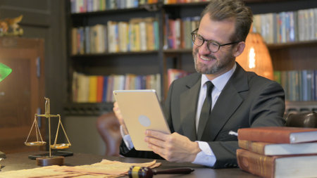 Middle Aged Lawyer Cheering Win on Tablet in Officeの写真素材