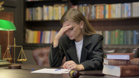 Frustrated Female Lawyer Trying to Write a Letter in Officeの写真素材