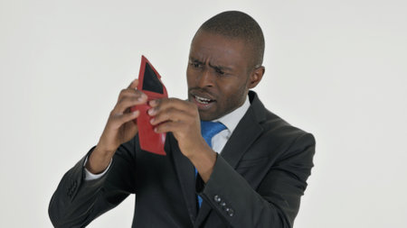 Portrait of African Businessman Have no Money in Purse on White Background