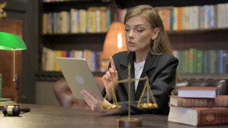 Female Lawyer Doing Video Chat on Tablet in Officeの写真素材