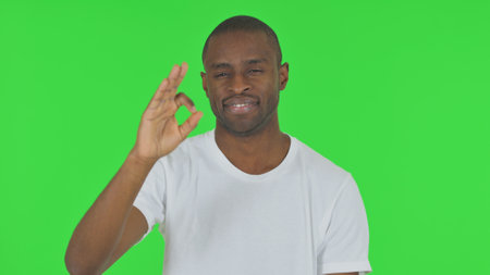 Portrait of African Man with Okay Sign on Green Backgroundの写真素材