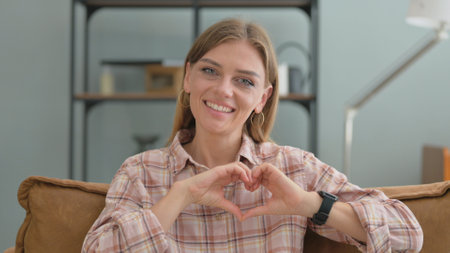 Portrait of Loving Young Woman with Heart Gesture Sitting on Sofa at Homeの写真素材