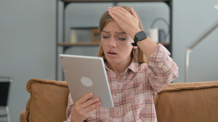 Young Woman with Loss on Tablet while Sitting on Sofa at Homeの写真素材