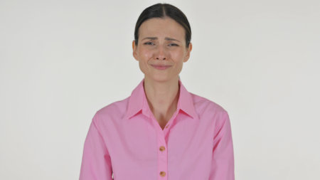 Portrait of Crying Woman Feeling Sad on White Backgroundの写真素材