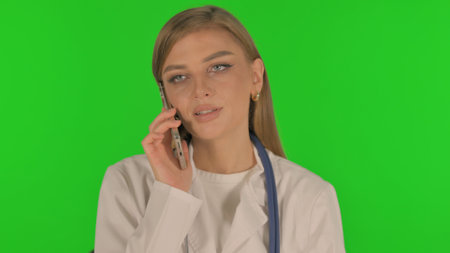 Portrait of Female Doctor Talking on phone on Green Backgroundの写真素材