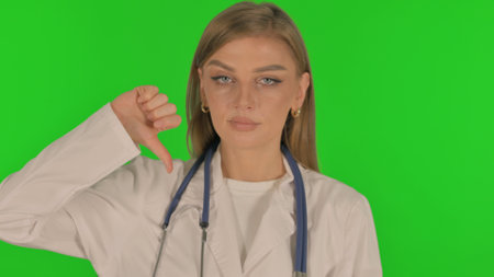 Portrait of Female Doctor with Thumbs Down on Green Backgroundの写真素材