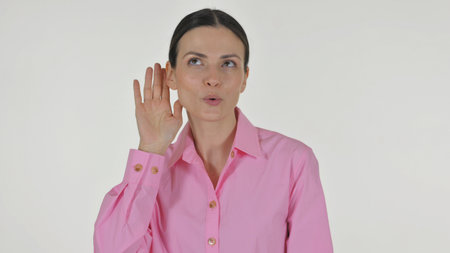 Portrait of Business Woman Trying to Listen on white Background