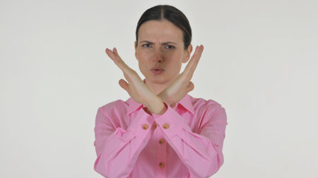 Portrait of Rejecting Business Woman Disliking Offer on White Backgroundの写真素材