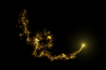 Christmas magic golden lights trail on black background for overlays.の写真素材